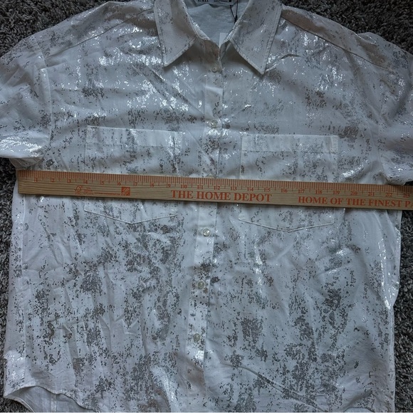 Zara Silver Foil Print Button Down Shirt White Long Sleeve Collared XS - Picture 5 of 12